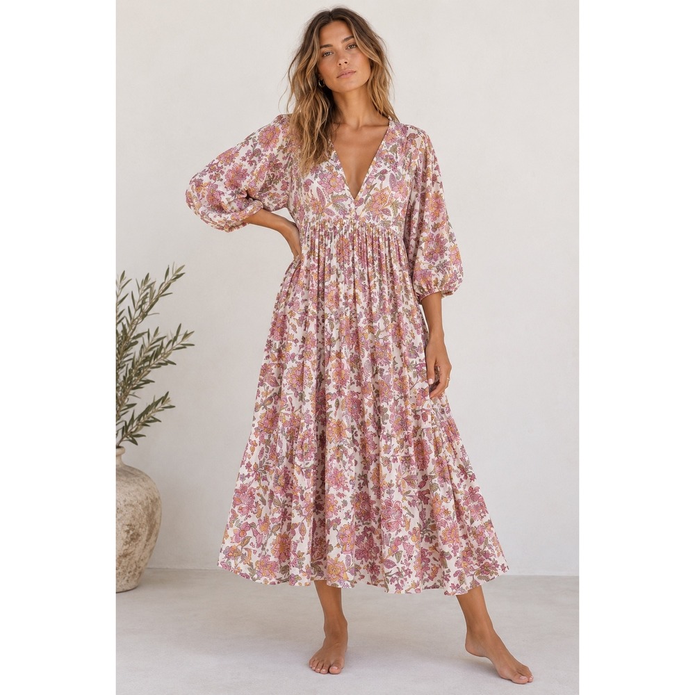 Daughters of India Kyra Midi Dress Fuchsia Bloom Floral Block Print XL NEW
